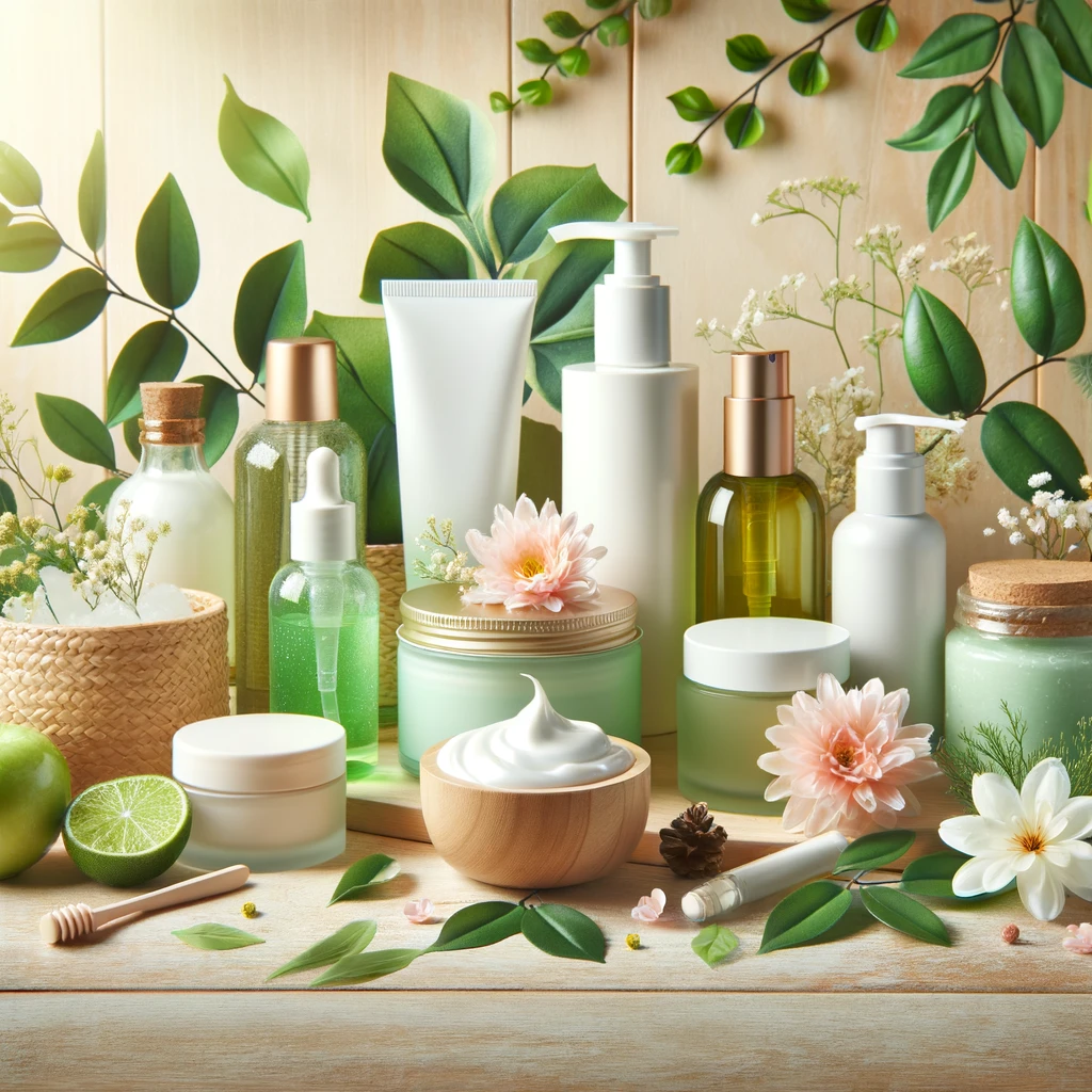 dall·e 2024 05 24 13.10.46 an eco friendly cosmetic and personal care product scene. the image features various cosmetic products like creams, lotions, and bottles. surrounding