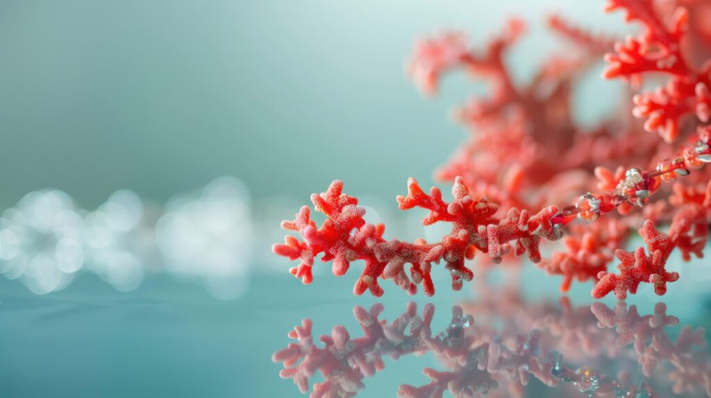 red coral necklaces on clear glass with focus and empty space