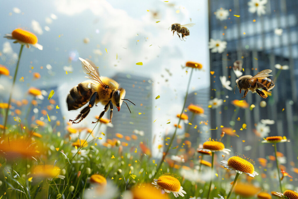 close up of bees flying among orange wildflowers with city background