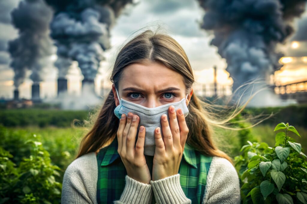 environmental protection and pollution defense: an image featuring a person shielding their face from environmental pollutants and toxins, advocating for skincare products with pollution defense