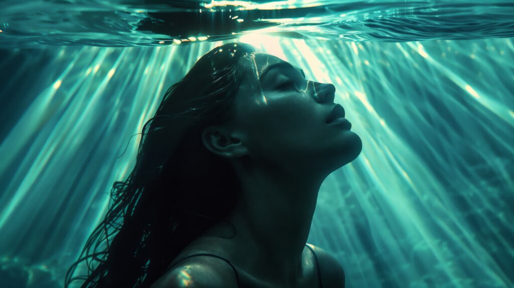 young woman submerged underwater in tranquil scene with sunlight beams