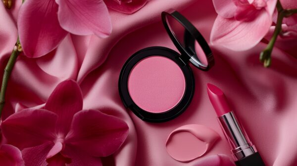 elegant pink makeup arrangement with lipstick and blush on silky fabric surrounded by flowers, perfect for beauty and fashion themes.