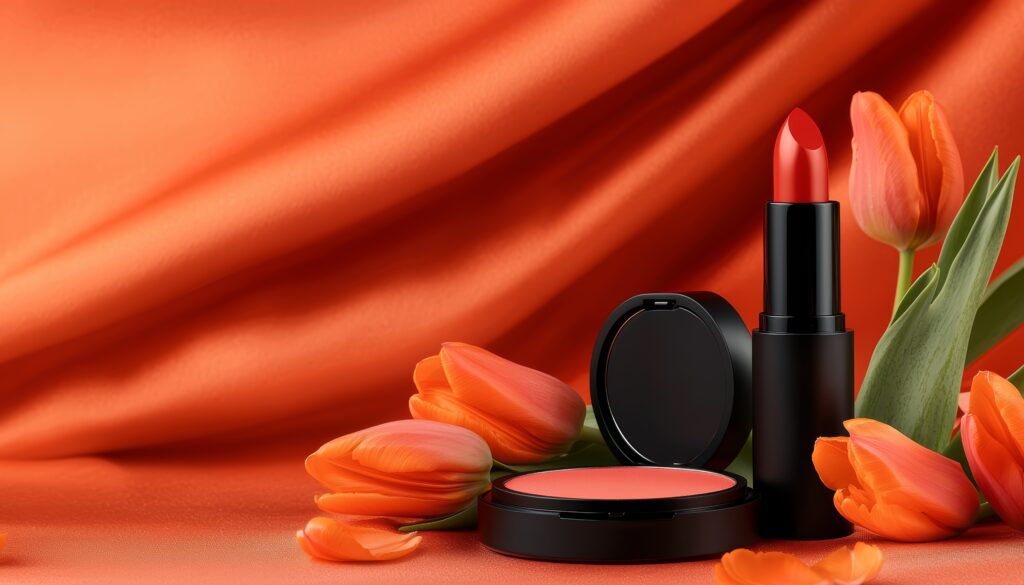 vibrant orange makeup set with lipstick and blush surrounded by tulips on silky fabric, creating a perfect beauty flat lay.