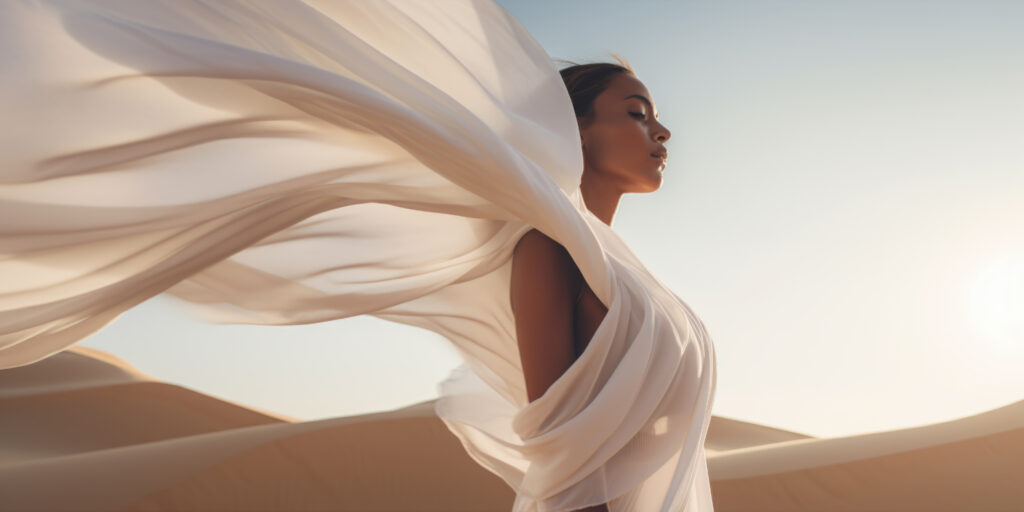 woman in a long white dress walking in the desert with flowing fabric in the wind