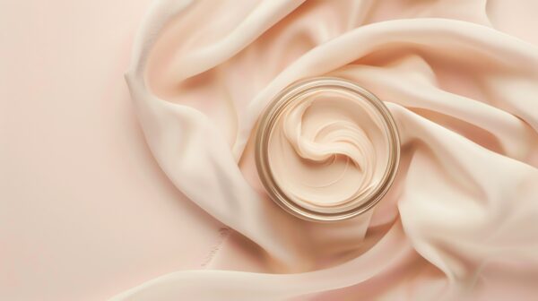 a jar of face cream on a soft, pink silky fabric.