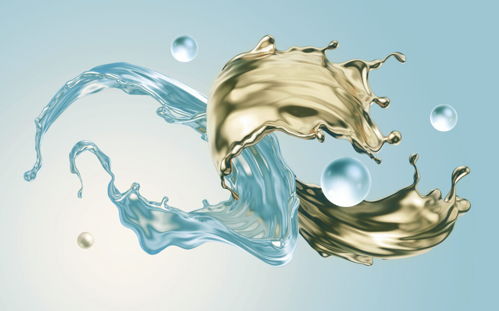 3d render, two liquid splashes mixing together, gold and water. pearl balls. skin care product. decorative cosmetics concept. abstract splashing waves