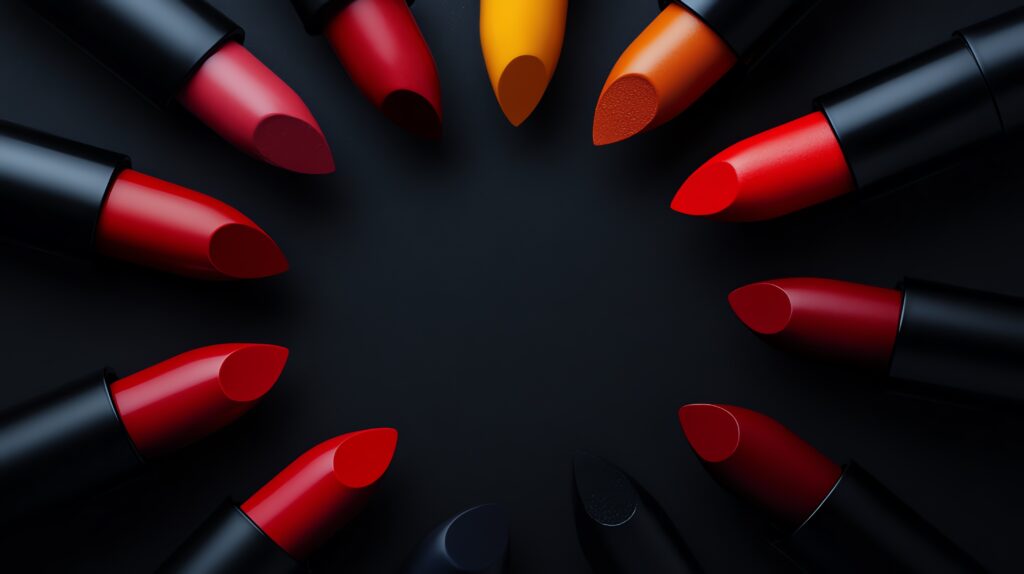 colorful lipsticks arranged in a circle on a dark background.