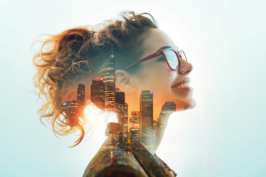 young woman smiling with modern city skyline double exposure