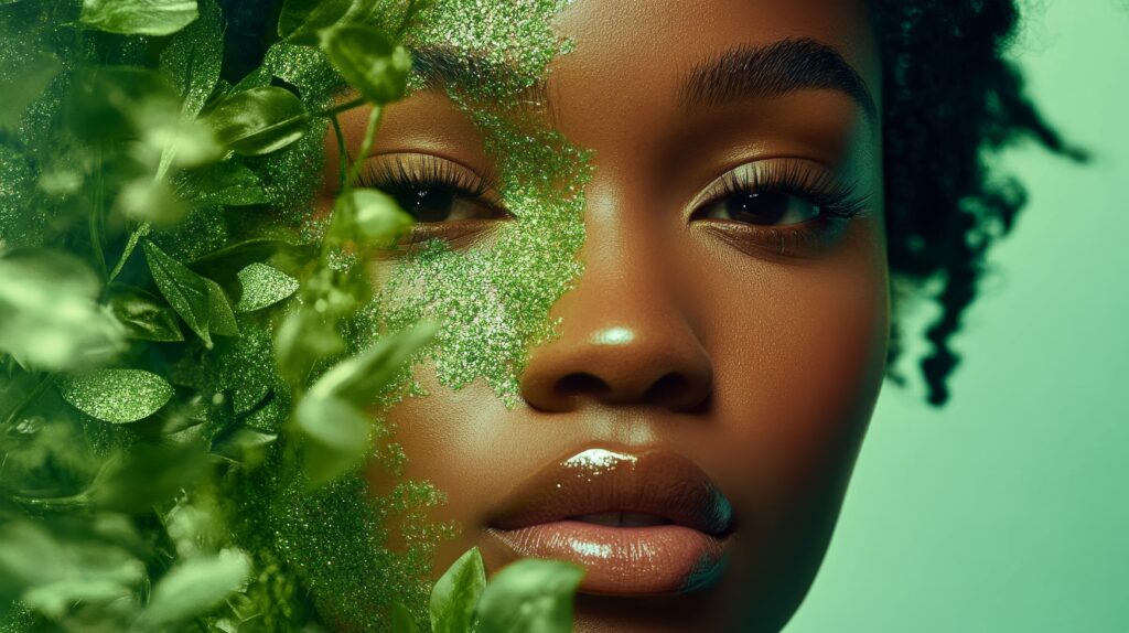 biophilic beauty: futuristic green ai skincare with glowing botanical cosmetics