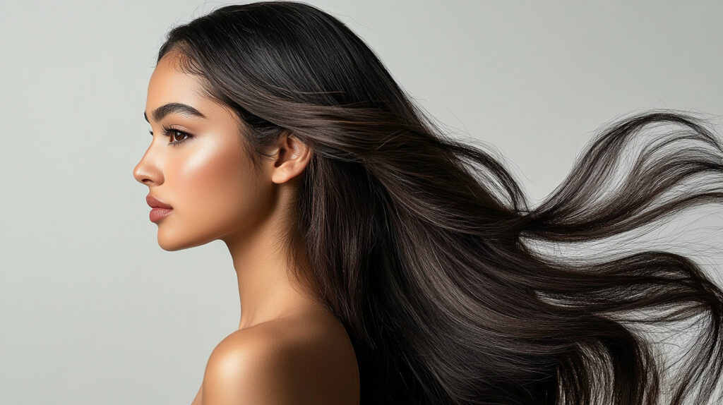 portrait of a beautiful young indian woman with long shiny straight black hair on grey background. salon spa cosmetic concept