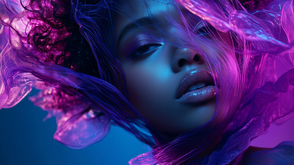 a close up portrait of a woman with wet hair, surrounded by glowing jellyfish