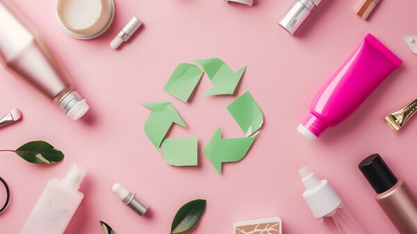 a flat lay of beauty products surrounding a green recycling symbol on a pink background, promoting sustainability.