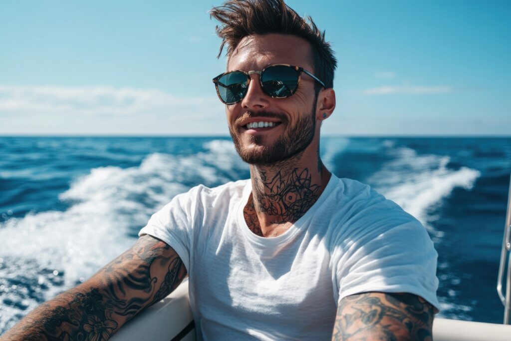 carefree adventurer: stylish man with tattoos enjoying a thrilling ocean boat ride