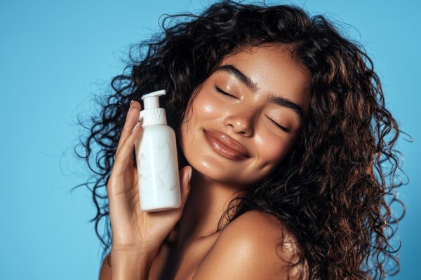 young girl holding blank shampoo bottle and conditioner for hair on blue background, smiling woman portrait, bodycare concept of moisturizing spa