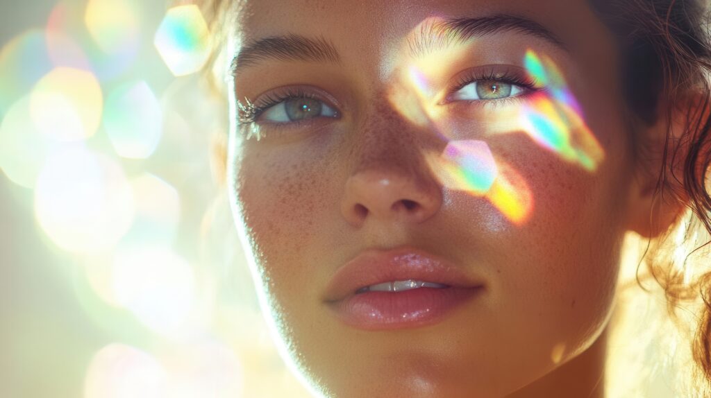 radiant woman with dewy skin in morning sunlight ethereal glow soft focus portrait with crystal prisms creating rainbow highlights