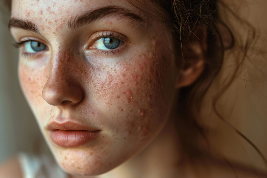 woman with acne skin problem with hormonal acne, close up