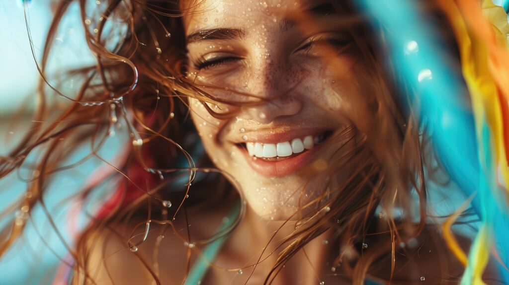 a woman smiling widely, her hair flowing and surrounded by water droplets, embodies the pure joy and freedom of summer, with a vibrant and colorful backdrop highlighting the scene.