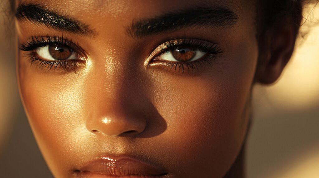 closeup of a woman's eye with warm sunlight on her face