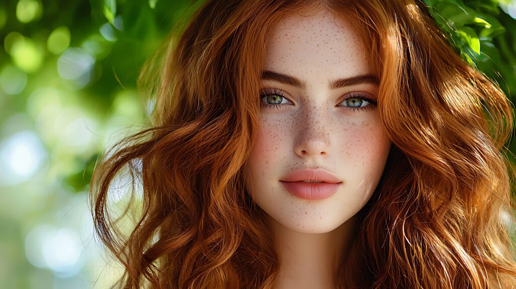 a close up of a young woman with red hair and freckles, glowing with quiet elegance.